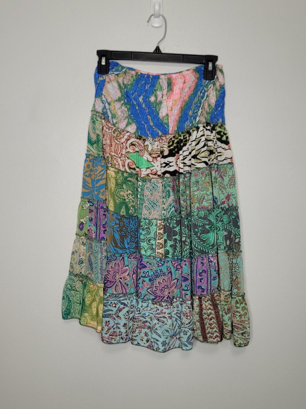 Mixed print patchwork silk blend pull on artsy skirt